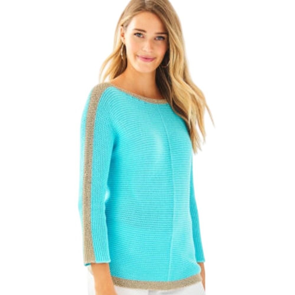 Lilly Pulitzer M Aqua Blue Cotton‎ Blnd Deona Metallic Trim Sweater NEW RV $98-